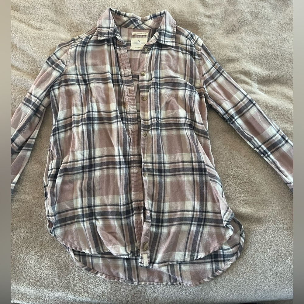 Aerie Plaid Button Down Shirt - Pink and Gray